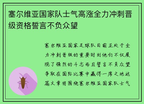 塞尔维亚国家队士气高涨全力冲刺晋级资格誓言不负众望