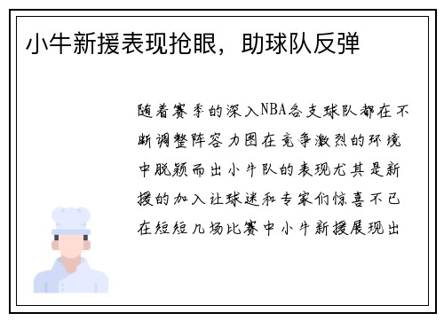 小牛新援表现抢眼，助球队反弹