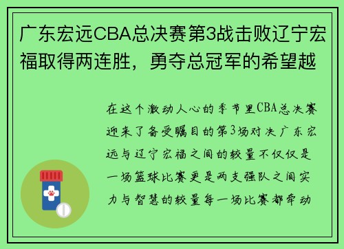 广东宏远CBA总决赛第3战击败辽宁宏福取得两连胜，勇夺总冠军的希望越来越近！