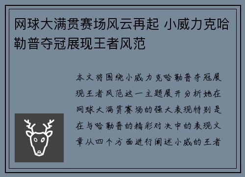 网球大满贯赛场风云再起 小威力克哈勒普夺冠展现王者风范