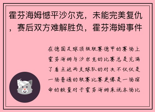 霍芬海姆憾平沙尔克，未能完美复仇，赛后双方难解胜负，霍芬海姆事件